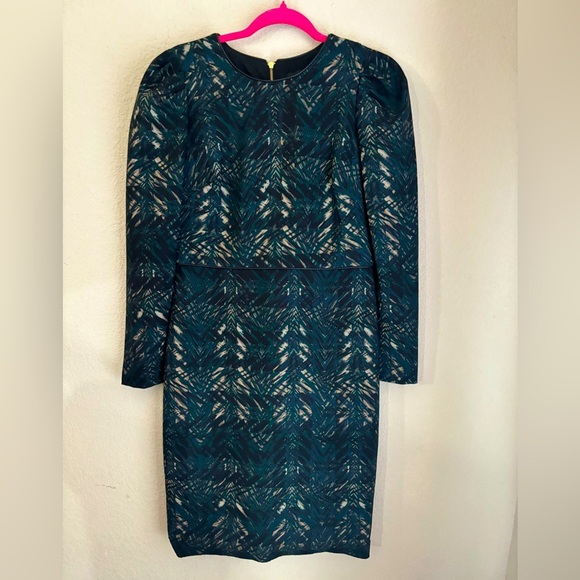 Donna Karan New York Dark Green Abstract Scuba Knit Leather Trim Sheath Dress 4 - Picture 1 of 13